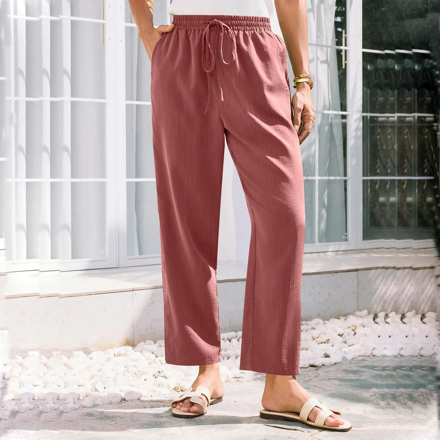 Cropped Linen Pants Women Summer Elastic Drawstring Waist Tapered Straight Leg Crop Pants Casual Beach Ankle Trousers