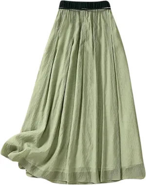 DDAPJ pyju Women's Cotton Linen Maxi Skirt with Tassel Tie Waist Summer Casual Double Layer Elastic Waist A-Line Flowy Skirts