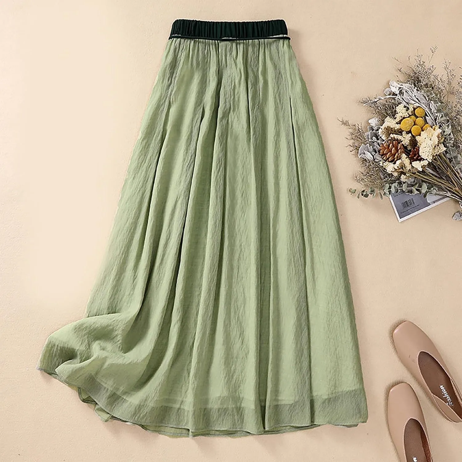DDAPJ pyju Women's Cotton Linen Maxi Skirt with Tassel Tie Waist Summer Casual Double Layer Elastic Waist A-Line Flowy Skirts