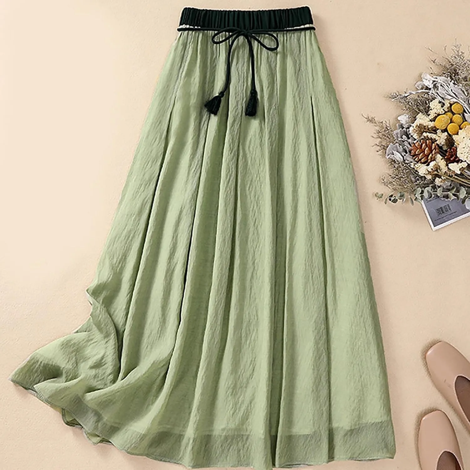 DDAPJ pyju Women's Cotton Linen Maxi Skirt with Tassel Tie Waist Summer Casual Double Layer Elastic Waist A-Line Flowy Skirts
