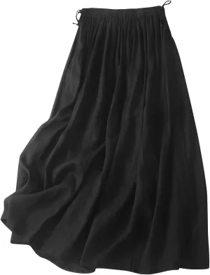 DDAPJ pyju Womens Linen A-line Maxi Skirt Double Drawstring Elastic Waist Flowy Skirts Lightweight Casual Summer Beach Skirts
