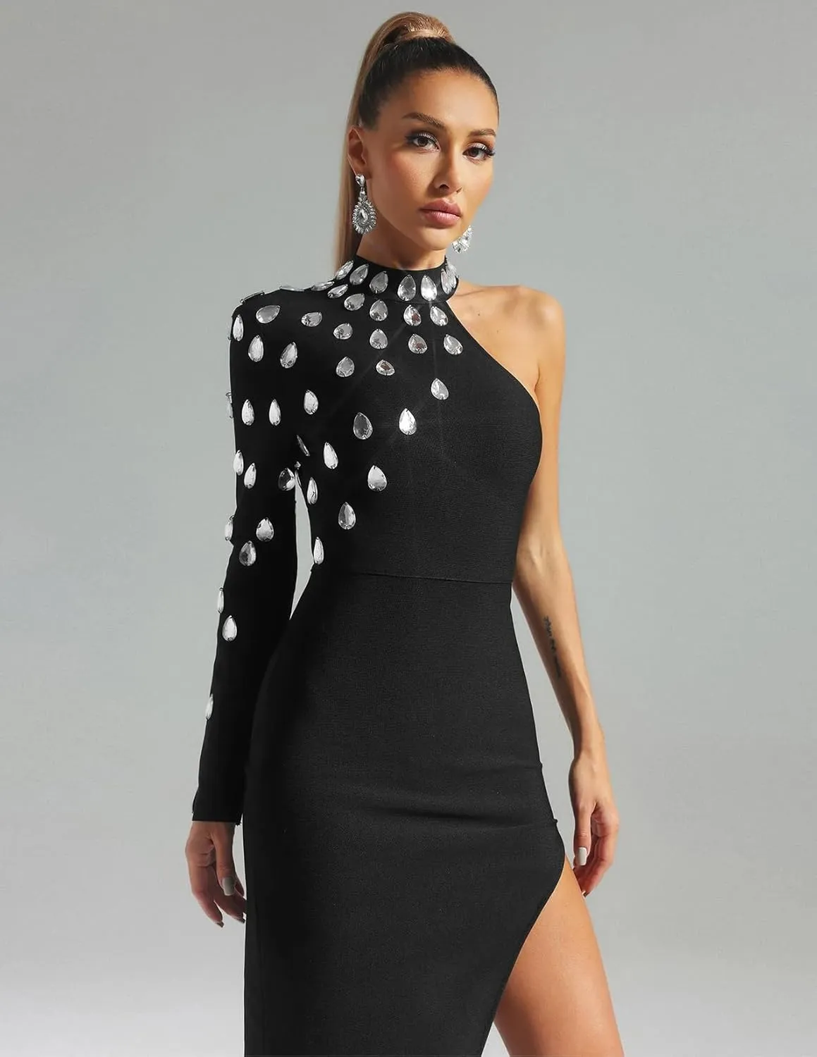 Diamante Bandage Dress Side Split Asymmetrical Bodycon Dress