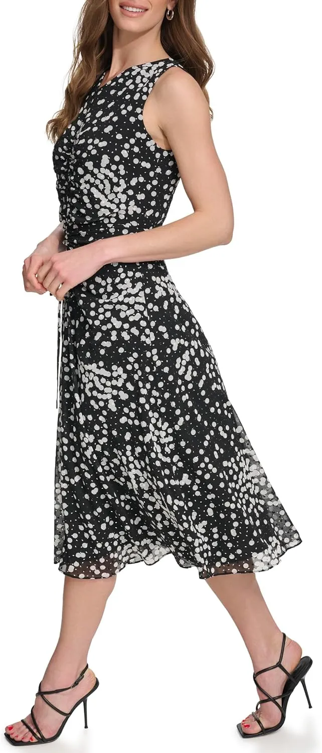 DKNY womens Printed Front Ruched Sleeveless Dress