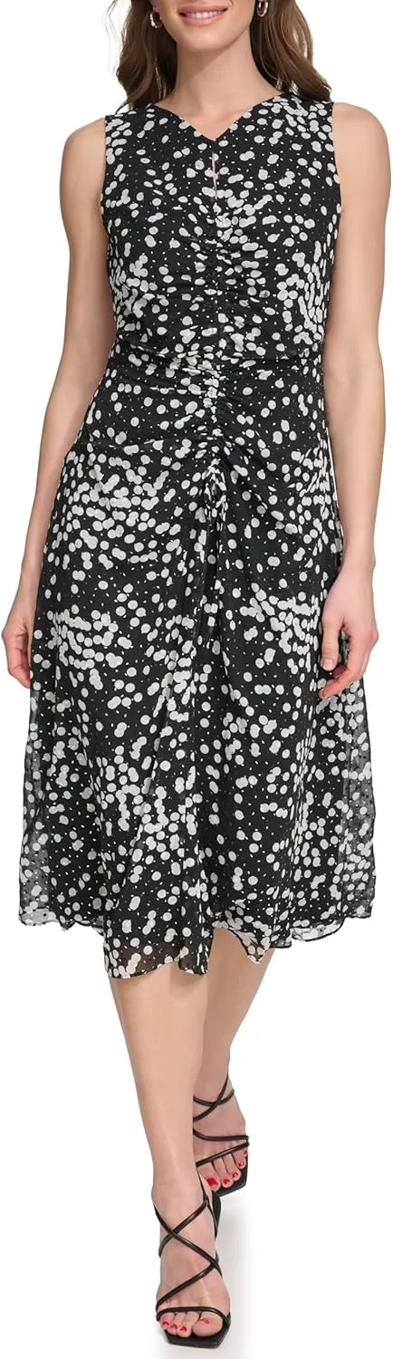DKNY womens Printed Front Ruched Sleeveless Dress