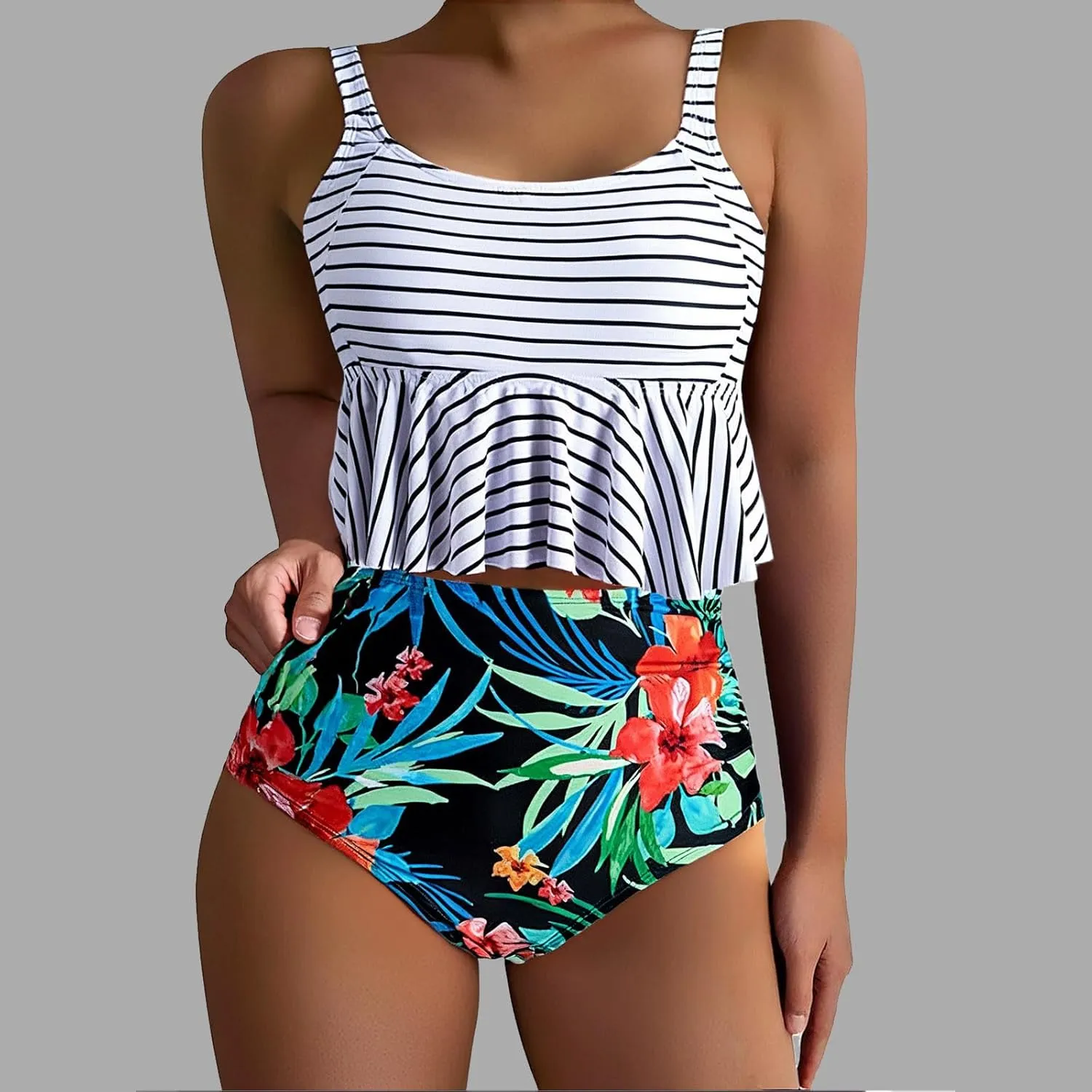 Fashion Swimsuits for Women 2 Piece High Waisted Floral Bikini Sets Sexy Padded Ruffle Bathing Suits Beachwear S-3XL