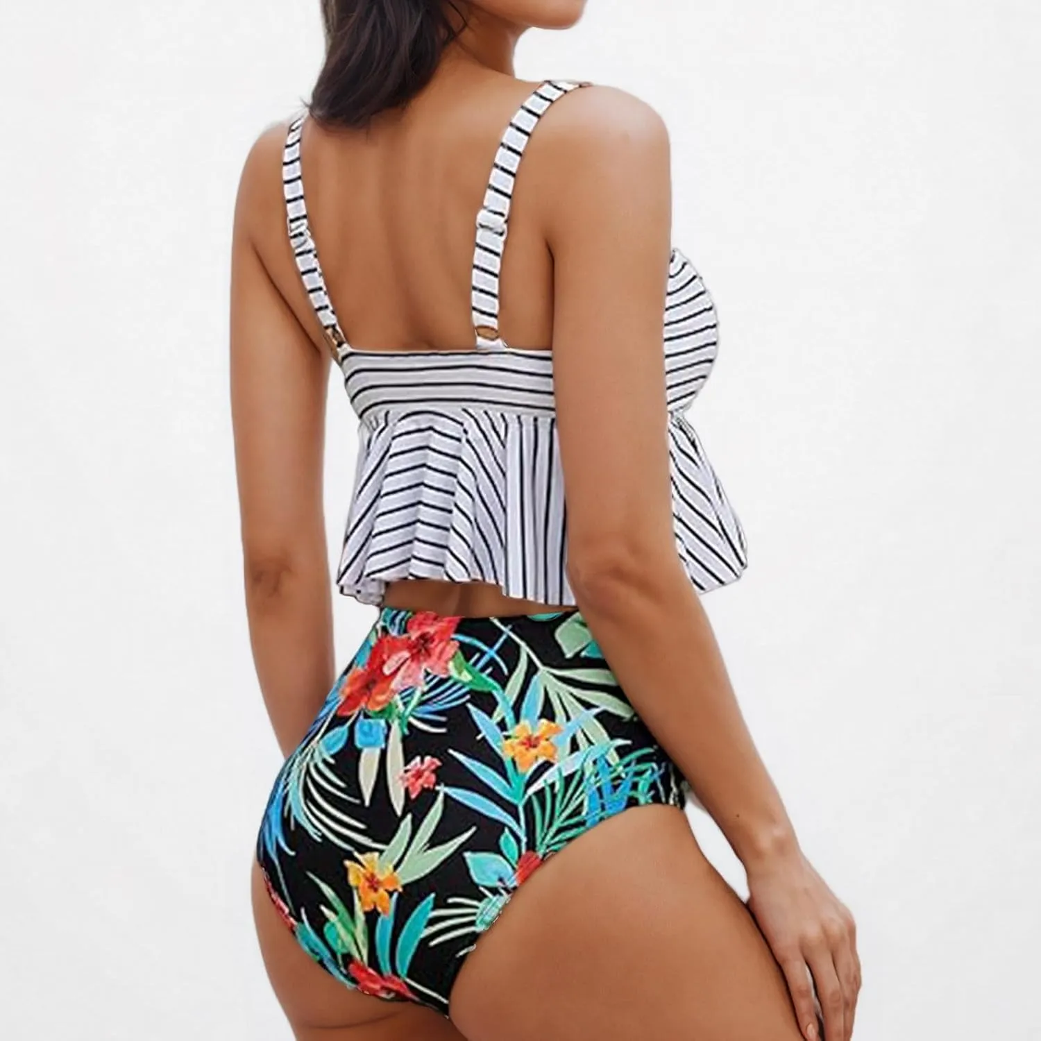 Fashion Swimsuits for Women 2 Piece High Waisted Floral Bikini Sets Sexy Padded Ruffle Bathing Suits Beachwear S-3XL