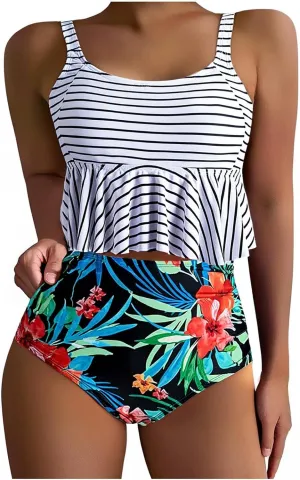 Fashion Swimsuits for Women 2 Piece High Waisted Floral Bikini Sets Sexy Padded Ruffle Bathing Suits Beachwear S-3XL