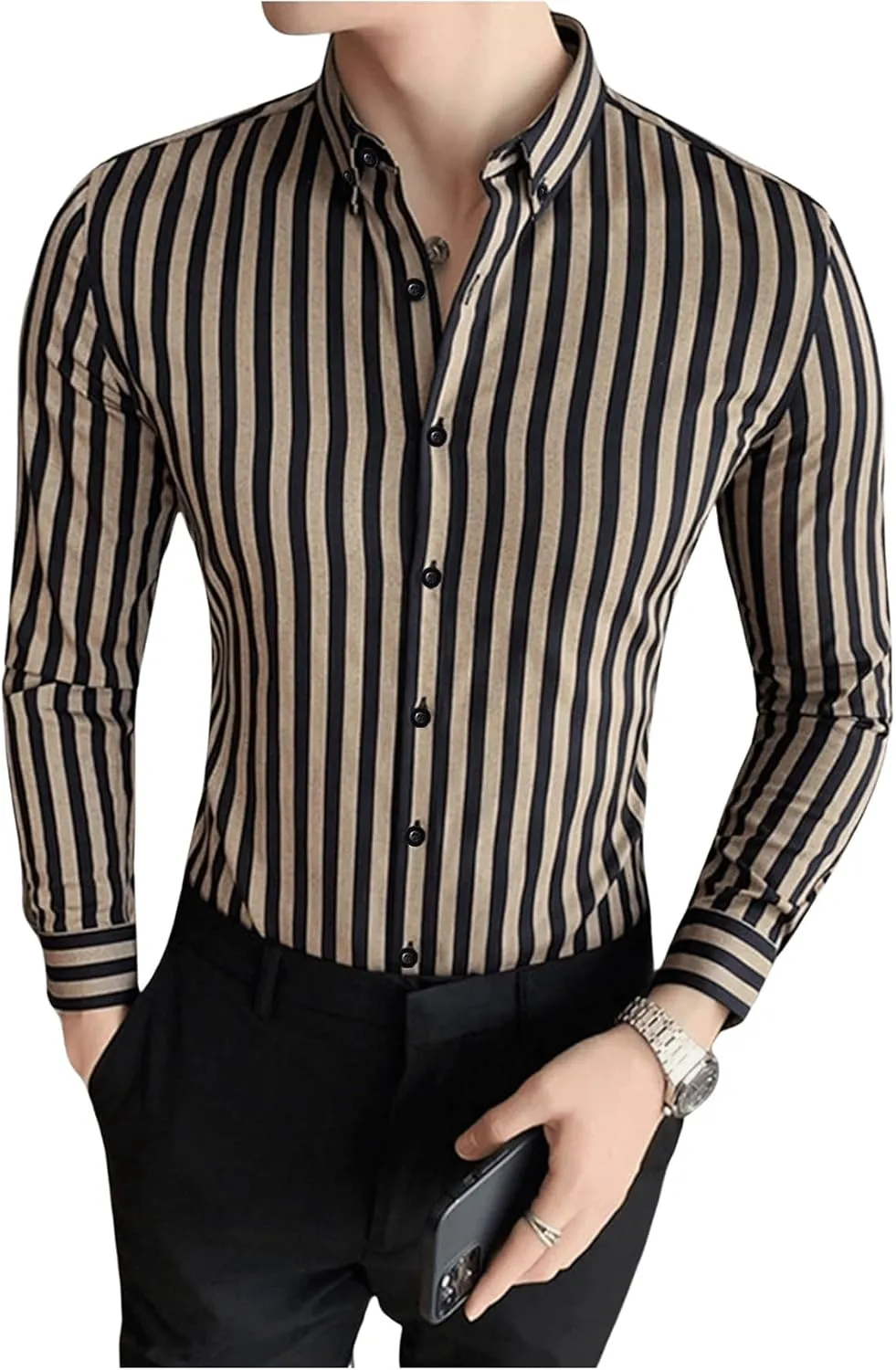 Floerns Men's Striped Print Long Sleeve Dress Shirts Button Down Business Work Blouse Tops