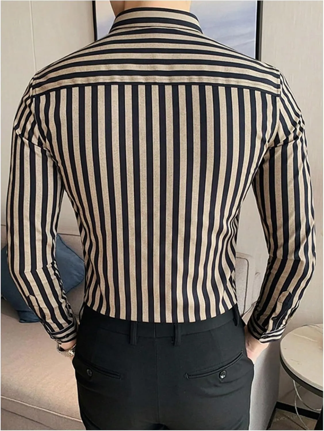 Floerns Men's Striped Print Long Sleeve Dress Shirts Button Down Business Work Blouse Tops