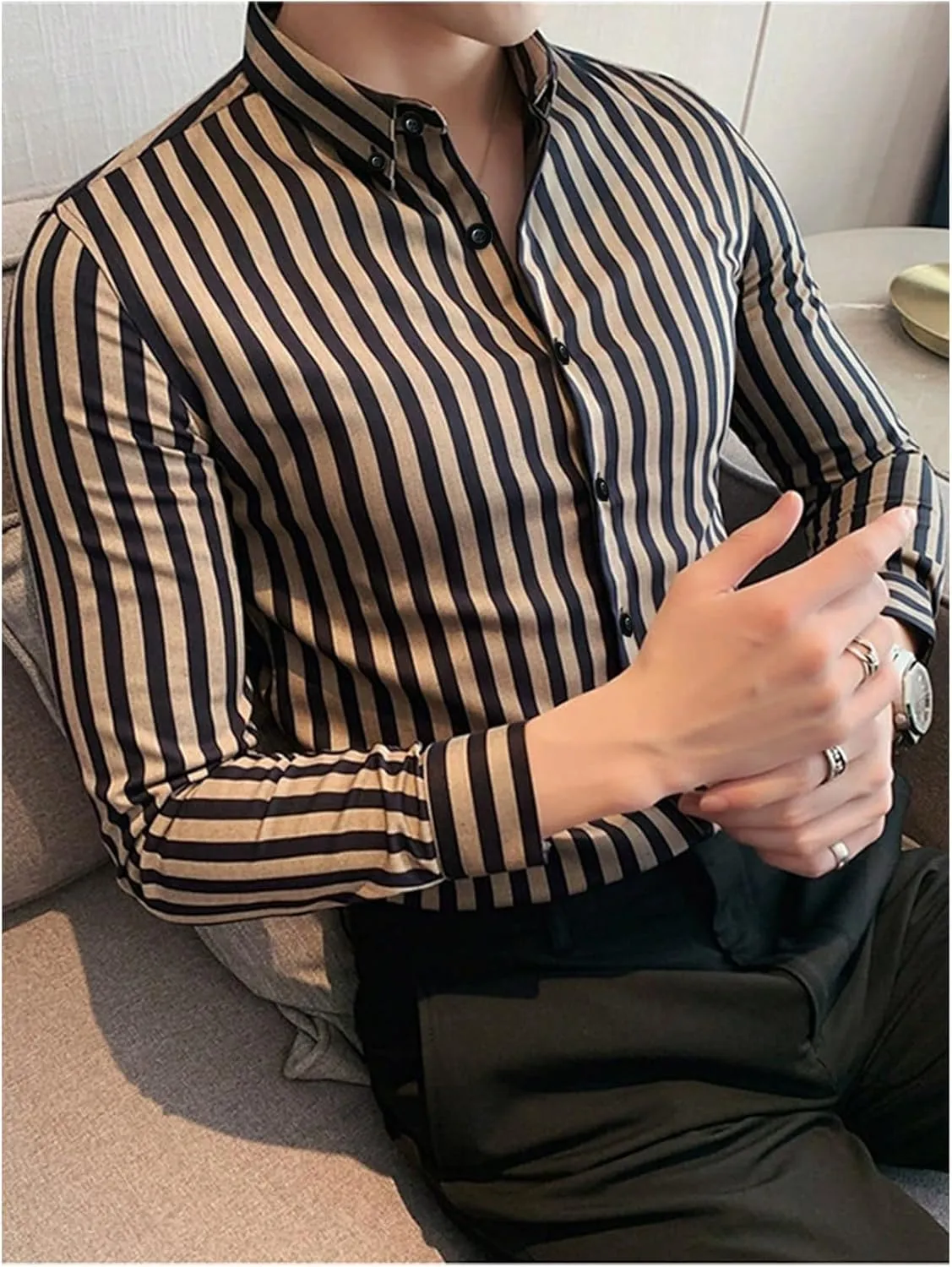Floerns Men's Striped Print Long Sleeve Dress Shirts Button Down Business Work Blouse Tops
