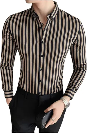 Floerns Men's Striped Print Long Sleeve Dress Shirts Button Down Business Work Blouse Tops