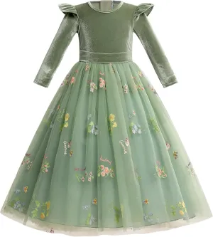 Flower Girl Velvet Floral Gradient Sequins Dress for Kids Wedding Bridesmaid Pageant Communion Formal Princess Puffy Gown
