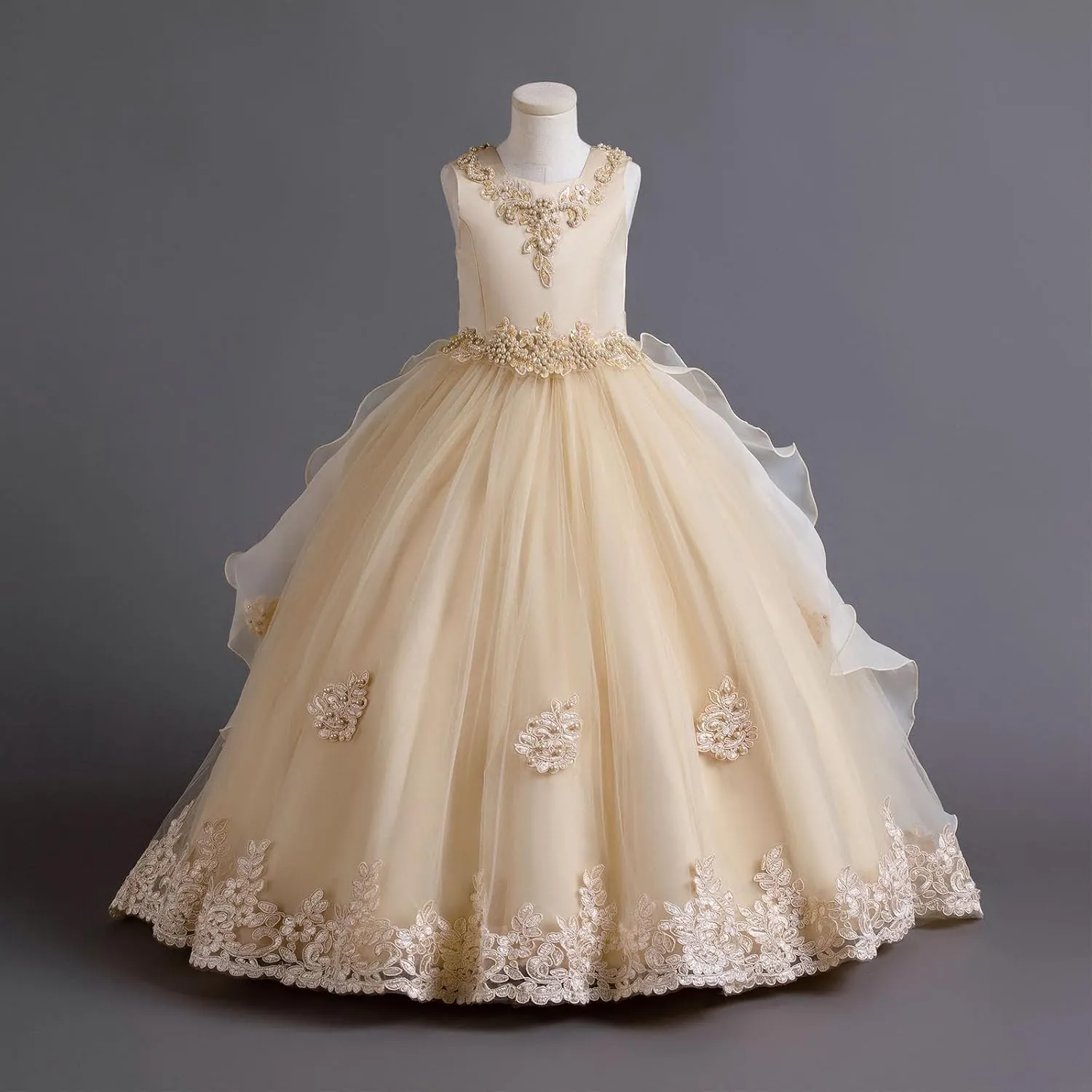 Flower Girls Lace Bridesmaid Dress Kids Wedding Pageant Party Long Prom Formal Ball Gown Princess Puffy Tulle Evening Dress