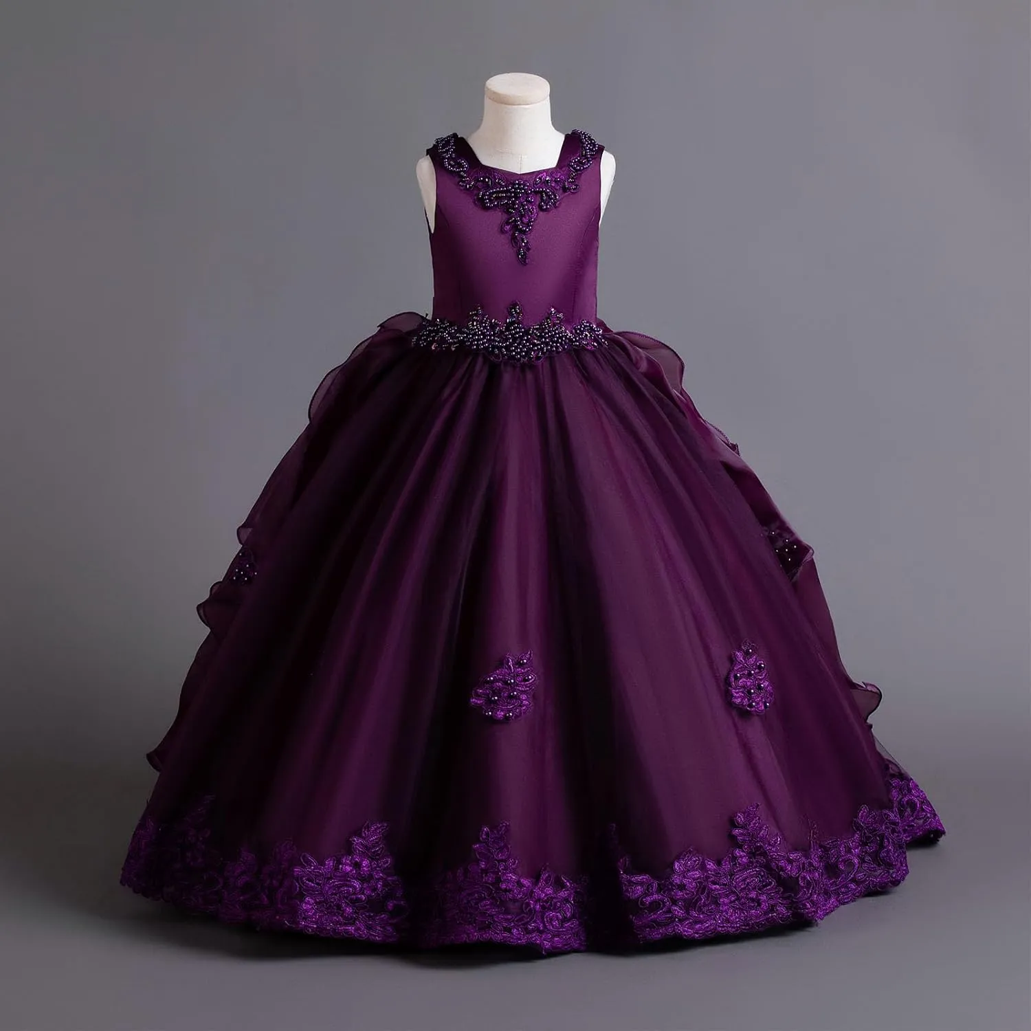 Flower Girls Lace Bridesmaid Dress Kids Wedding Pageant Party Long Prom Formal Ball Gown Princess Puffy Tulle Evening Dress