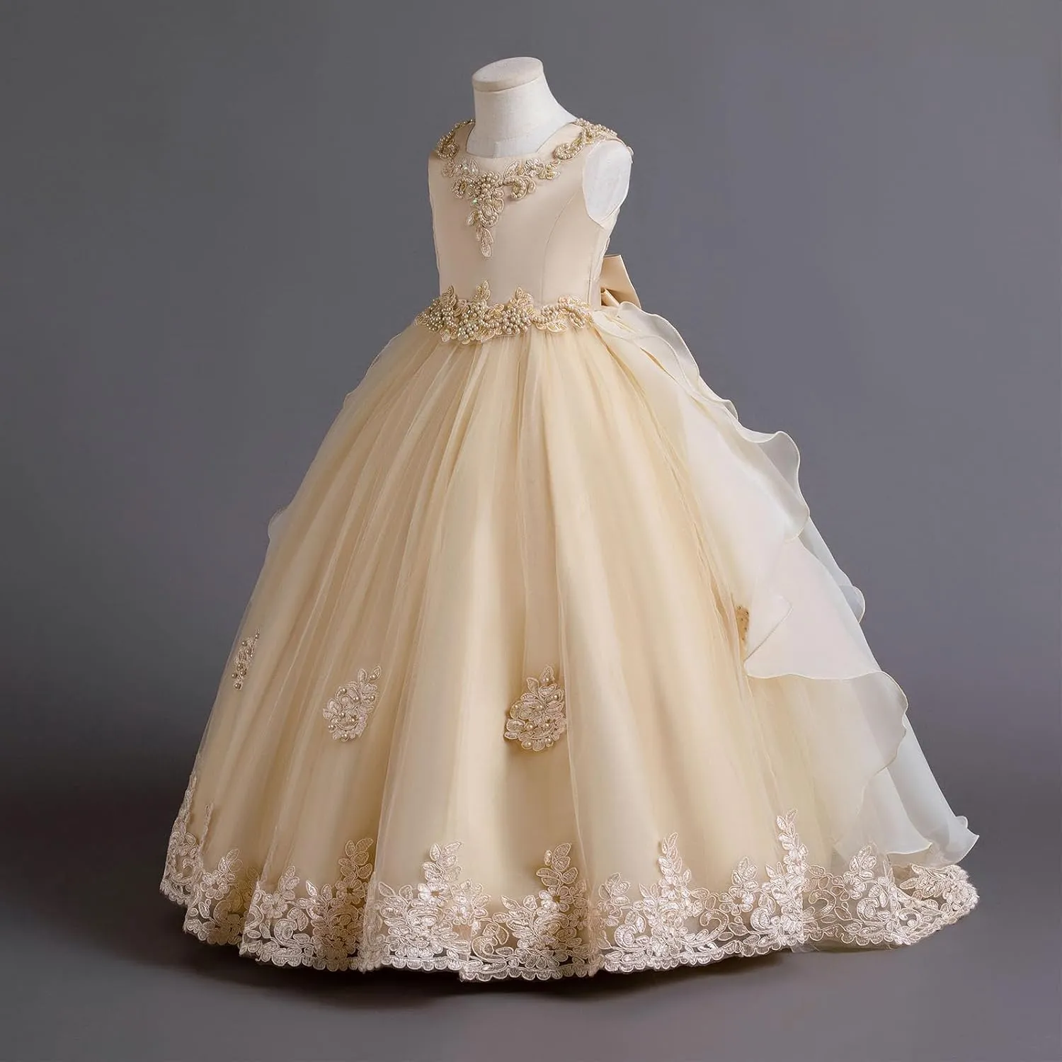 Flower Girls Lace Bridesmaid Dress Kids Wedding Pageant Party Long Prom Formal Ball Gown Princess Puffy Tulle Evening Dress