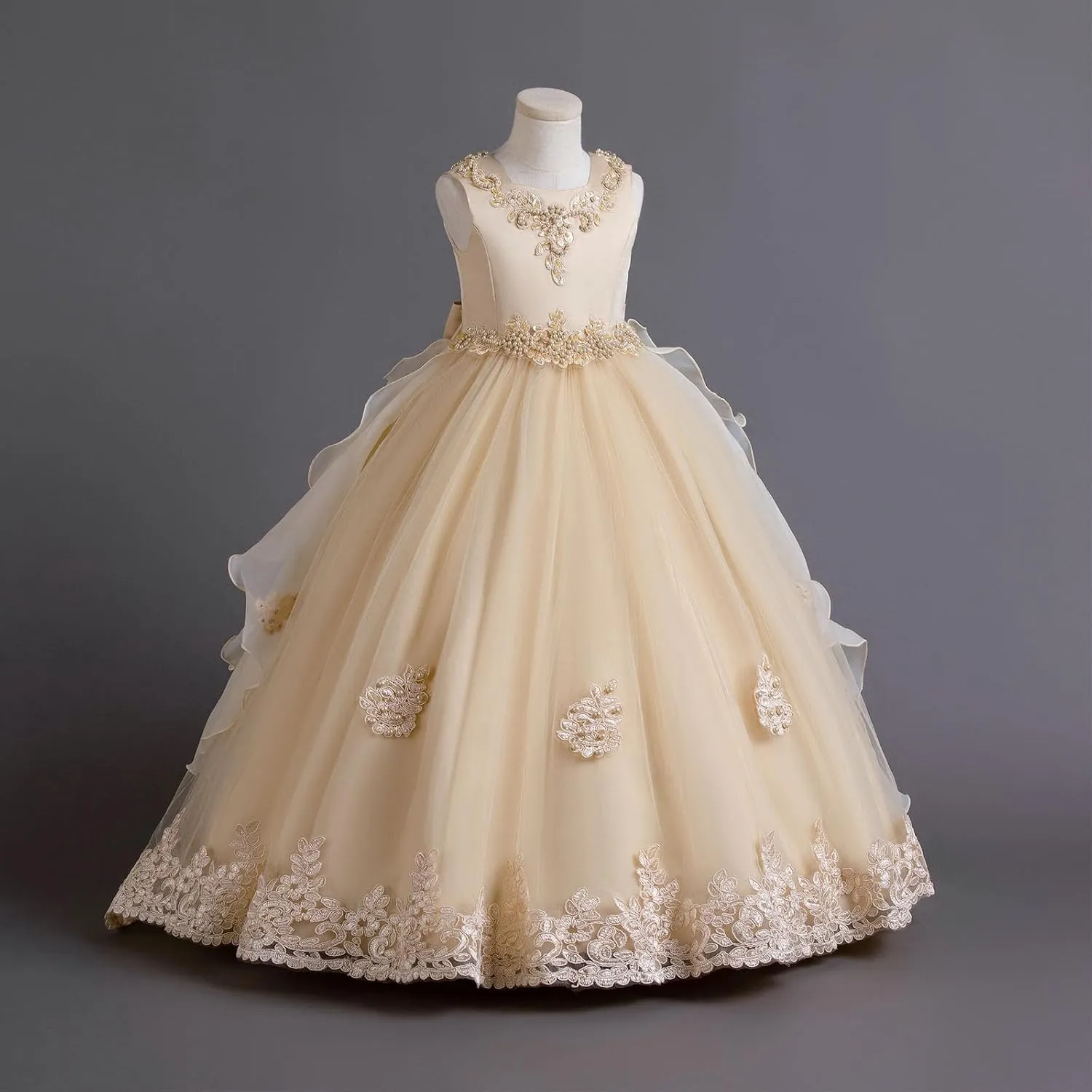 Flower Girls Lace Bridesmaid Dress Kids Wedding Pageant Party Long Prom Formal Ball Gown Princess Puffy Tulle Evening Dress