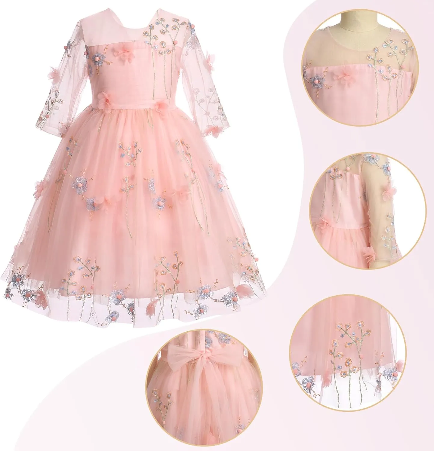 Flower Girls Princess Dress Embroidered Pageant Wedding Birthday Formal Party Tulle Tutu Dress Kids Ball Gown