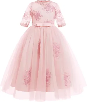 Flower Girls Princess Dress Embroidered Pageant Wedding Birthday Formal Party Tulle Tutu Dress Kids Ball Gown