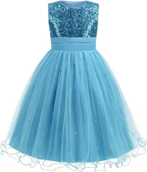 Flower Girls Sequin Dress Girls Dresses Birthday Princess Dress for Wedding Tulle Pearl Sleeveless Party Pageant