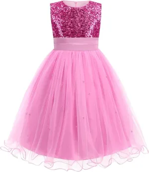 Flower Girls Sequin Dress Girls Dresses Birthday Princess Dress for Wedding Tulle Pearl Sleeveless Party Pageant
