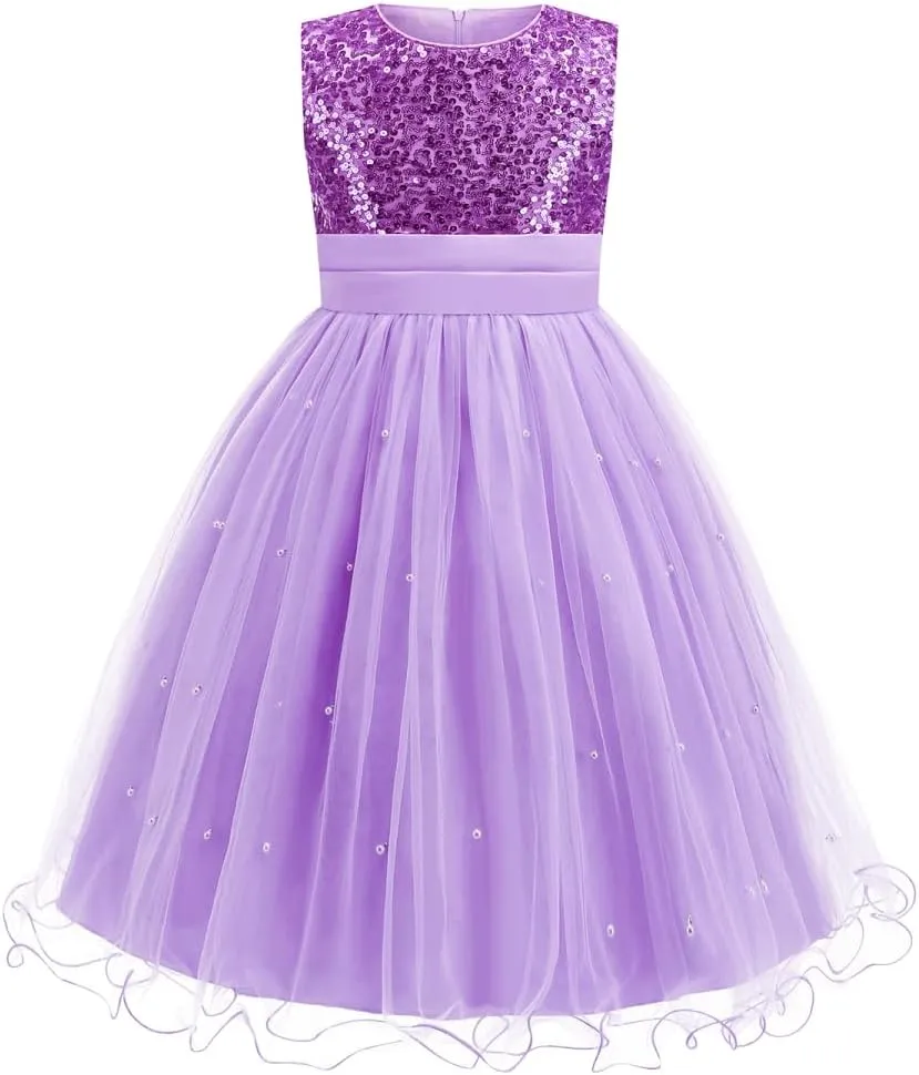 Flower Girls Sequin Dress Girls Dresses Birthday Princess Dress for Wedding Tulle Pearl Sleeveless Party Pageant
