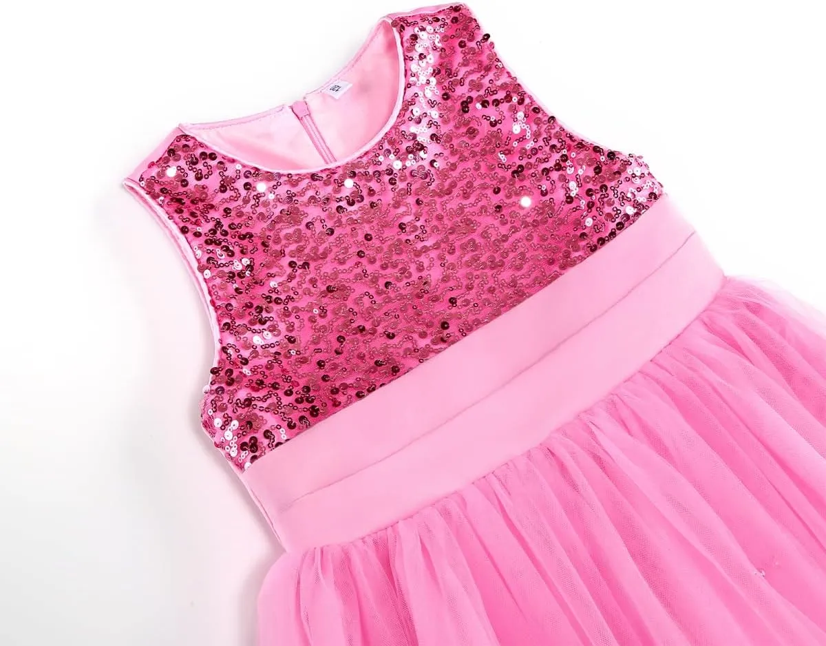 Flower Girls Sequin Dress Girls Dresses Birthday Princess Dress for Wedding Tulle Pearl Sleeveless Party Pageant