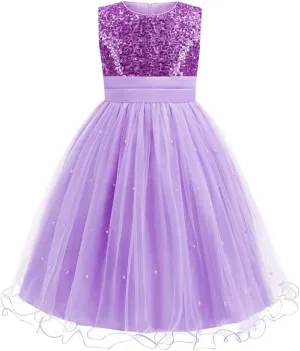 Flower Girls Sequin Dress Girls Dresses Birthday Princess Dress for Wedding Tulle Pearl Sleeveless Party Pageant