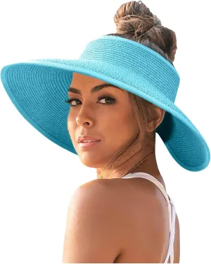 Foldable Sun Hats for Women Wide Brim Straw Visor Hats UV UPF Roll-Up Ponytail Summer Beach Cap Packable Floppy Travel
