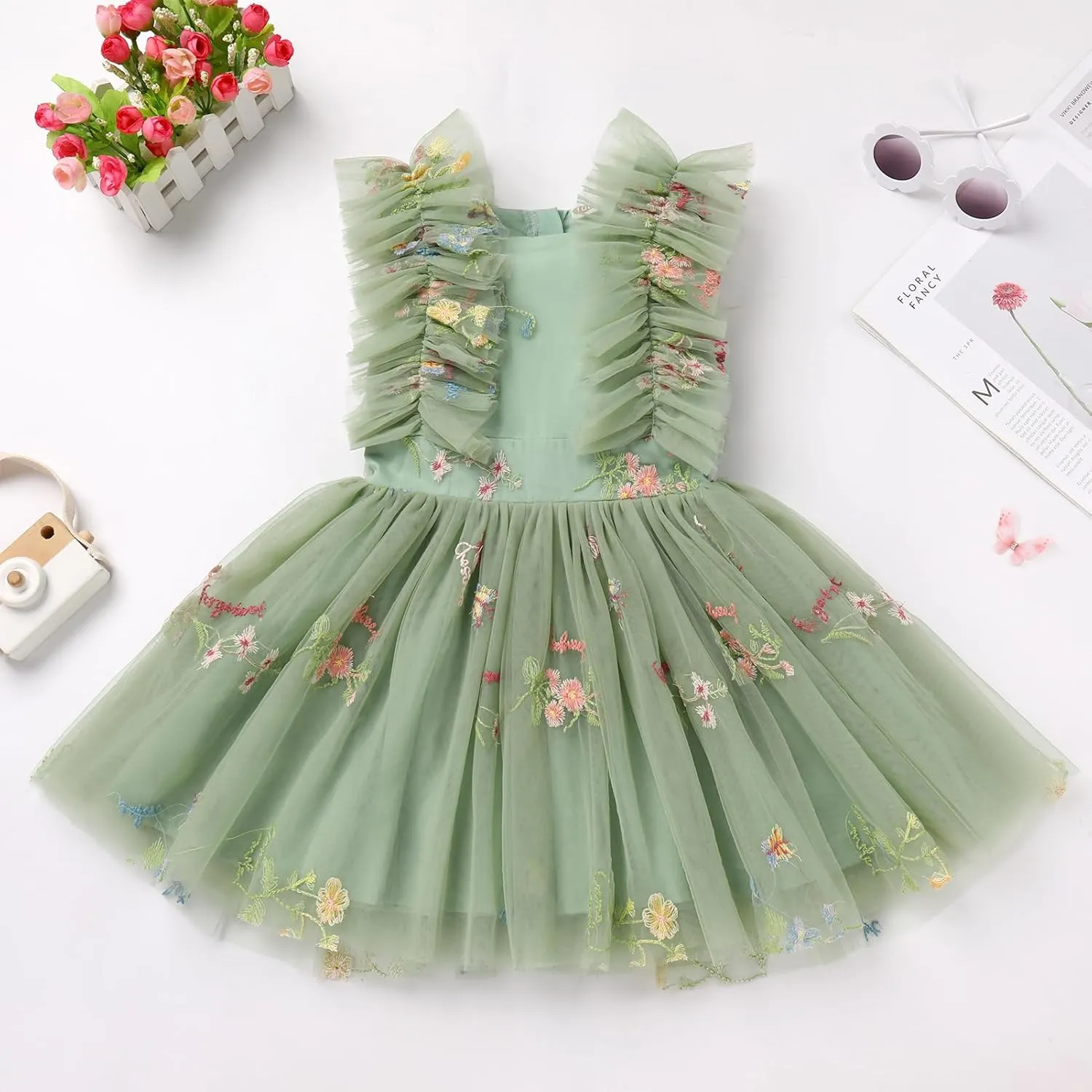 Girls Birthday Party Dress Butterfly Daisy Polka Dots Embroidery Princess Tulle Wedding Pageant Evening Gown