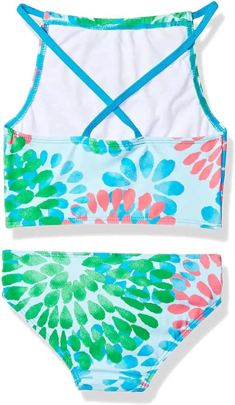 Girls Swimsuit 2 Piece Tropical Print Bikini Set Teens Bathing Suit with Drawstring Quick Dry Cover Up 9-16Y