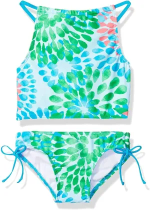 Girls Swimsuit 2 Piece Tropical Print Bikini Set Teens Bathing Suit with Drawstring Quick Dry Cover Up 9-16Y