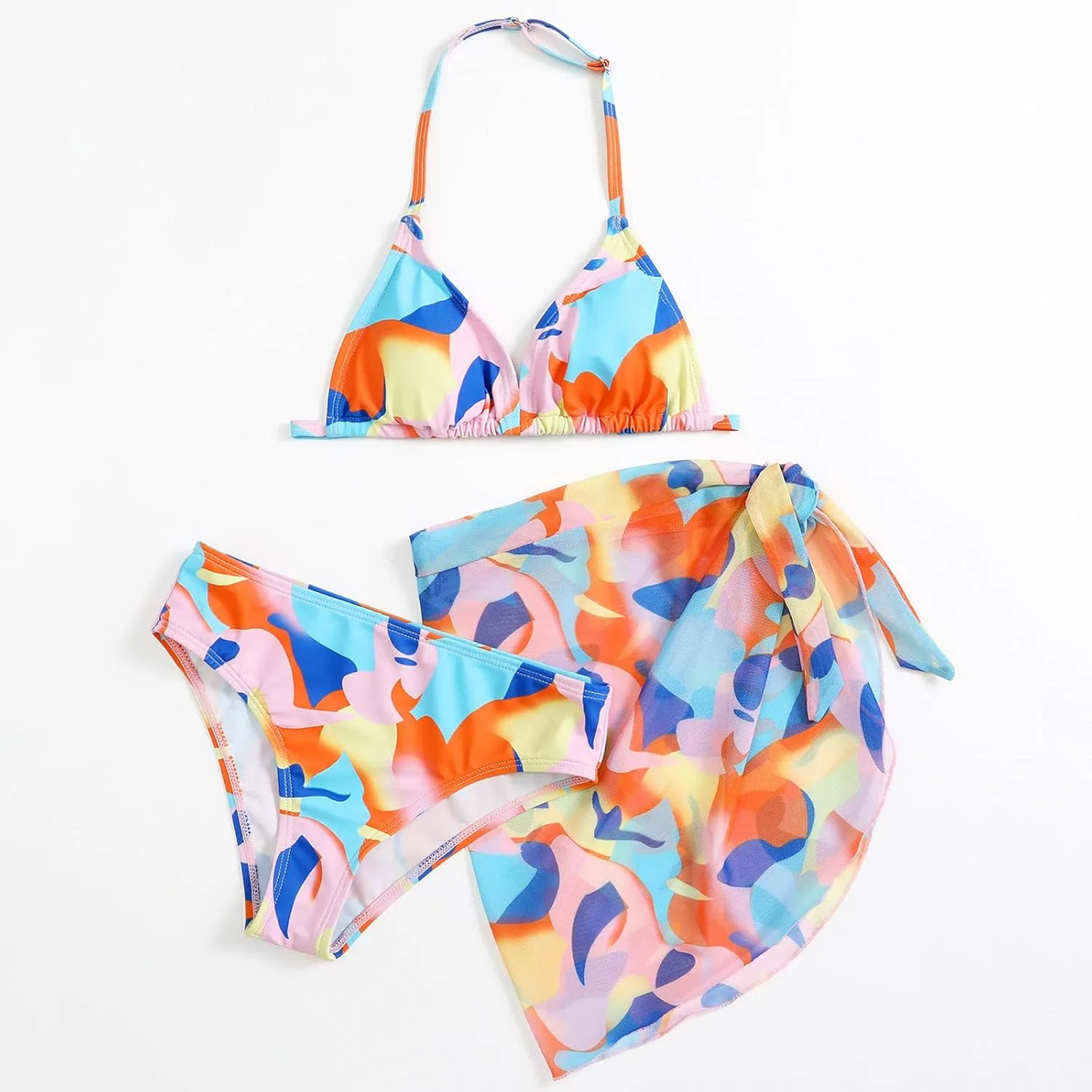Girls Swimsuit 3 Piece Tropical Print Bikini Set Modest Swim Skirt Bikini with Skirt Tankini Bathing Suits Swimwear