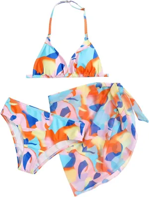 Girls Swimsuit 3 Piece Tropical Print Bikini Set Modest Swim Skirt Bikini with Skirt Tankini Bathing Suits Swimwear