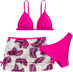 Girls Swimsuit 3 Piece Tropical Print Bikini Set Modest Swim Skirt String Bikini Swimsuit Bathing Suit Tops Swimwear