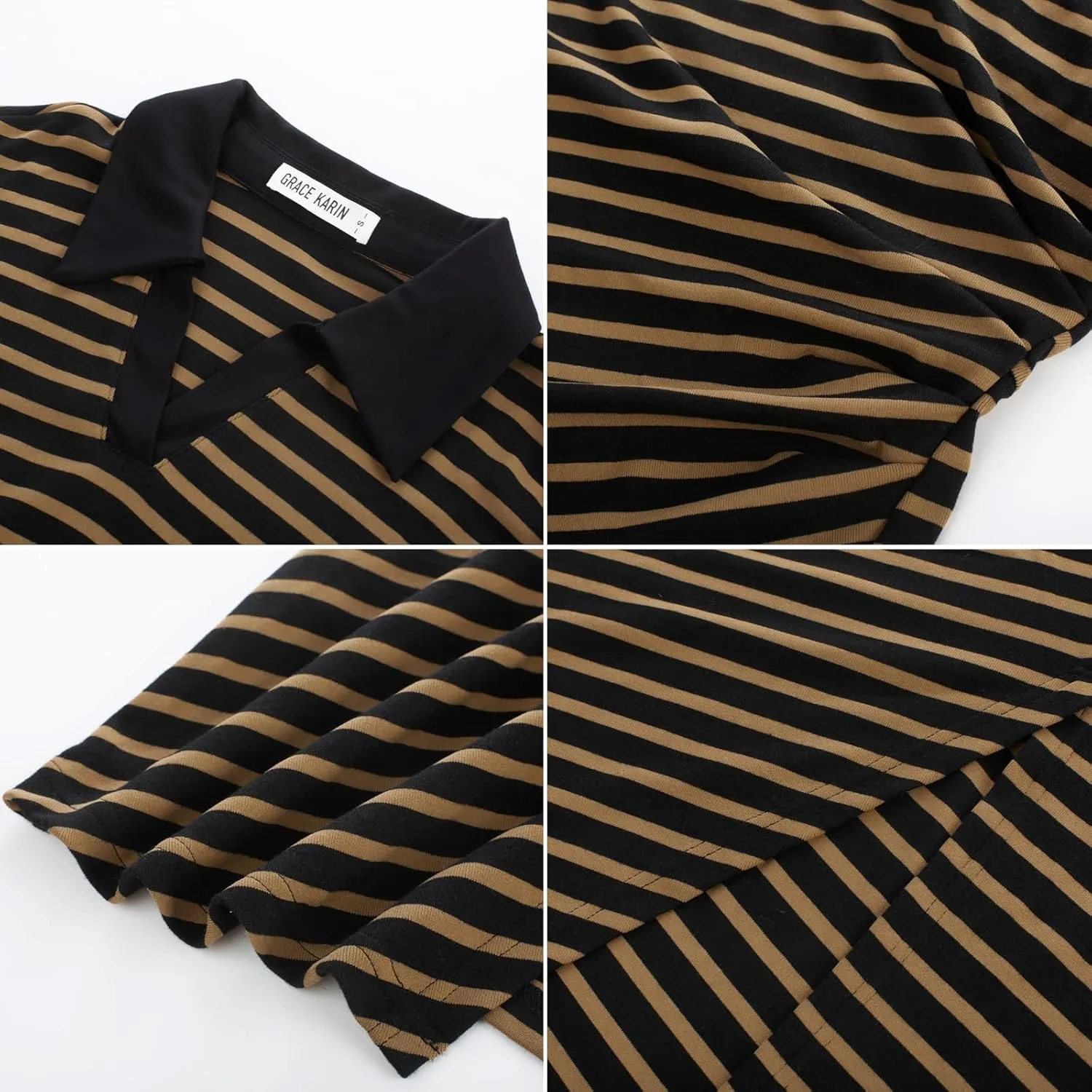 GRACE KARIN Women's Casual Summer Dresses Striped Polo V Neck Cap Sleeve Side Slit Ruched Bodycon Stretch Midi Dresses