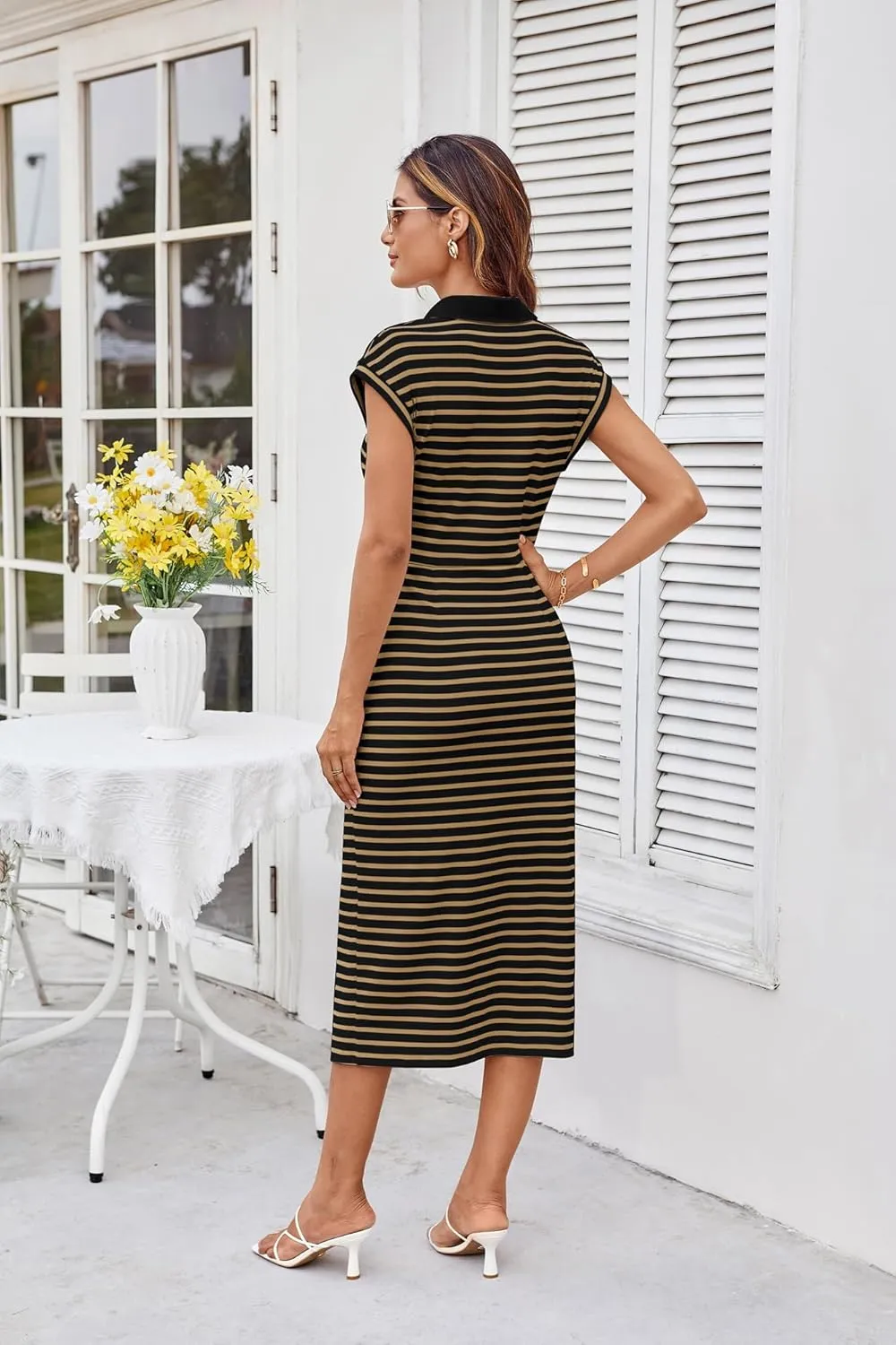 GRACE KARIN Women's Casual Summer Dresses Striped Polo V Neck Cap Sleeve Side Slit Ruched Bodycon Stretch Midi Dresses
