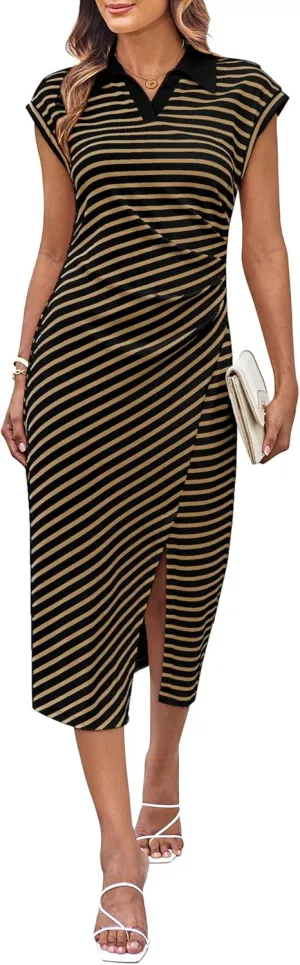 GRACE KARIN Women's Casual Summer Dresses Striped Polo V Neck Cap Sleeve Side Slit Ruched Bodycon Stretch Midi Dresses