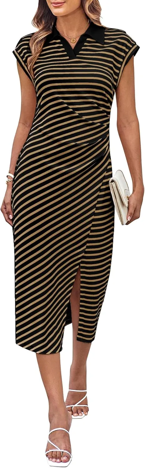 GRACE KARIN Women's Casual Summer Dresses Striped Polo V Neck Cap Sleeve Side Slit Ruched Bodycon Stretch Midi Dresses