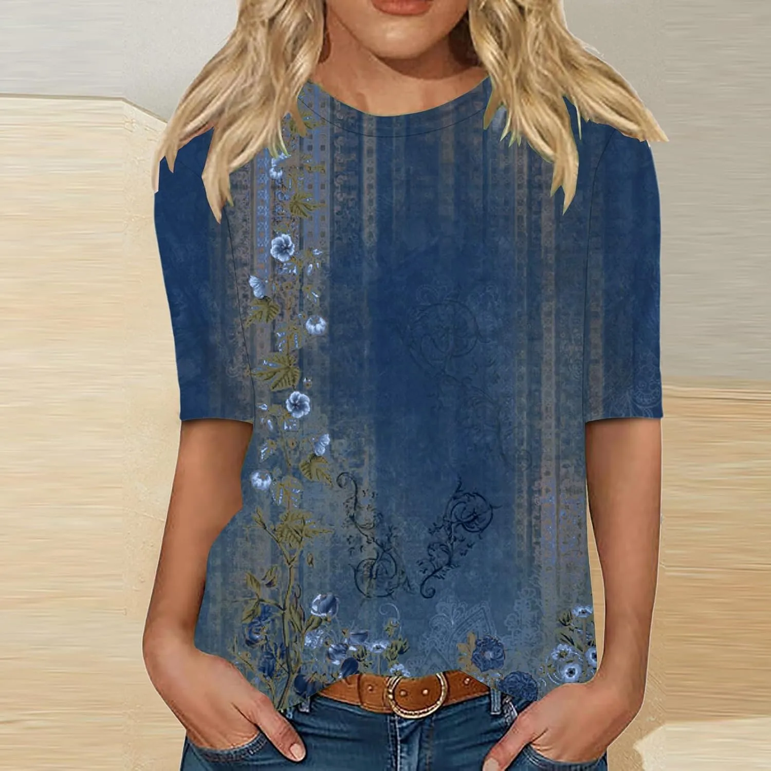 Half Short Sleeve Tops for Women 2025 Summer Vintage Graphic Tees Casual Loose Fit Basic Womens Tshirts Tunic Blouse