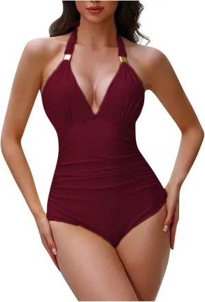 Halter One Piece Swimsuits for Women V Neck Backless Trendy Bathing Suits Tummy Control Slimming Swimwear