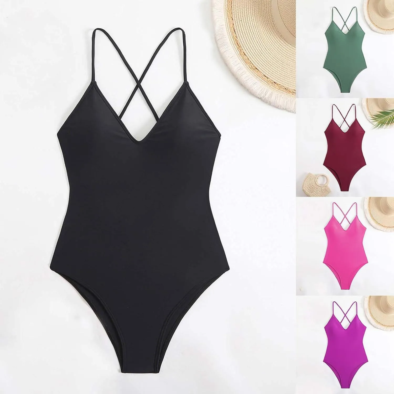 HGps8w Crossover Backless One Piece Swimsuit for Women Sexy V Neck Ruched Tummy Control Push Up Padded Swimwear Bathing Suit
