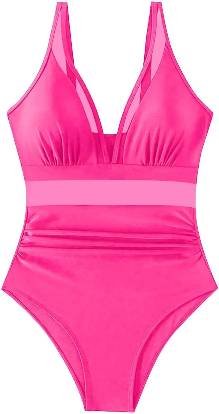 HGps8w Halter Deep V Neck One Piece Swimsuit for Women Tummy Control Sexy Mesh Patchwork Backless Bathing Suit