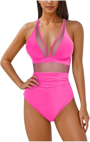 HGps8w Halter Deep V Neck One Piece Swimsuit for Women Tummy Control Sexy Mesh Patchwork Backless Bathing Suit