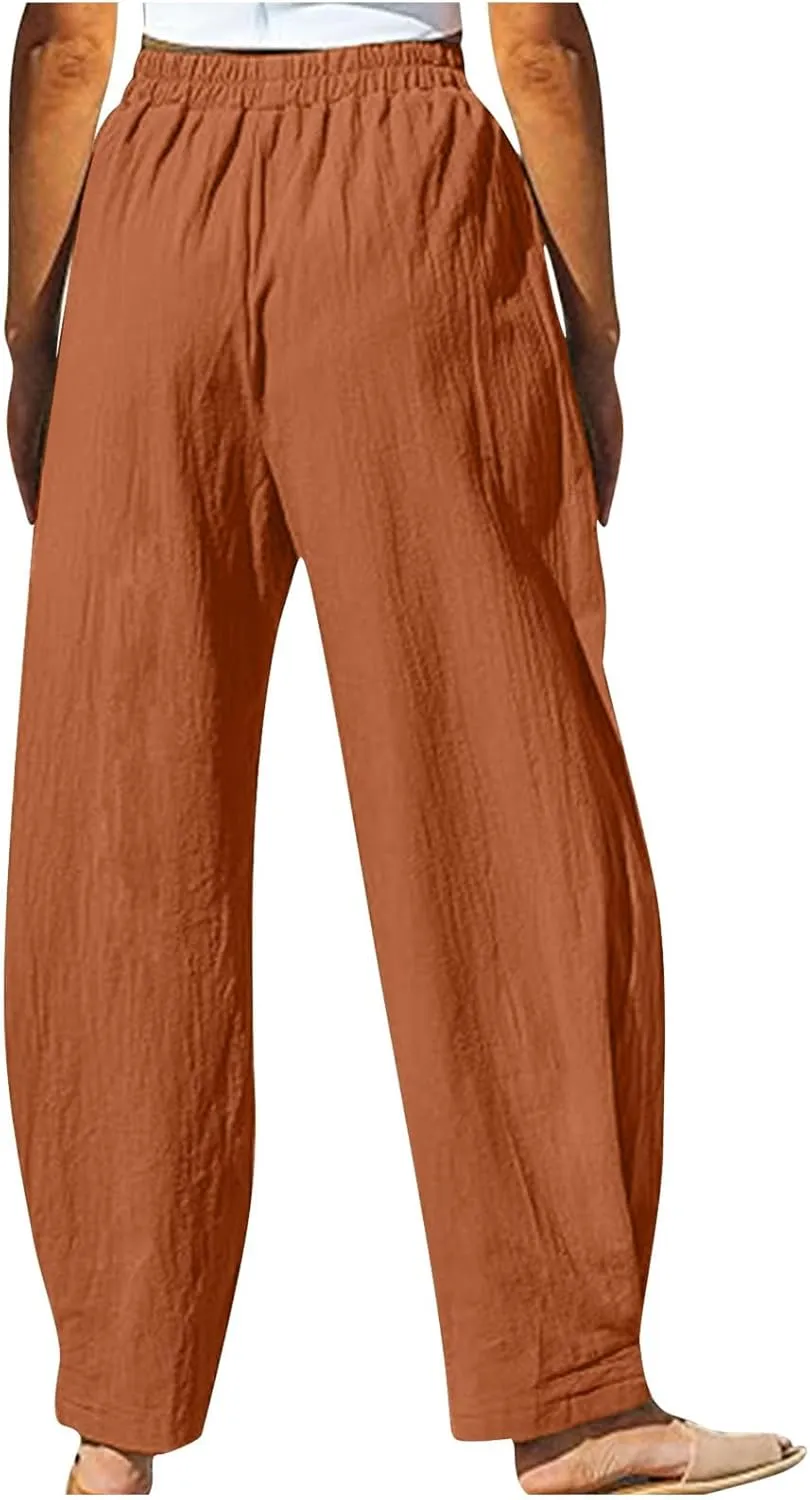 High Waisted Linen Pants Women Straight Leg Summer Beach Trousers with Side Pockets Drawstring Elastic Waist Pant