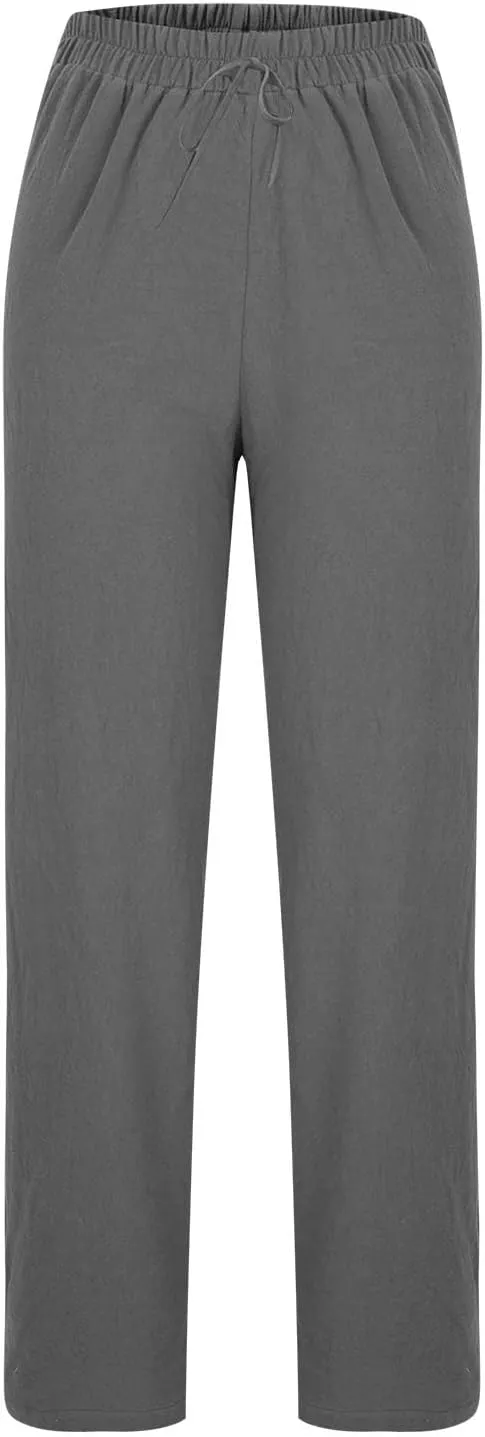 High Waisted Linen Pants Women Straight Leg Summer Beach Trousers with Side Pockets Drawstring Elastic Waist Pant
