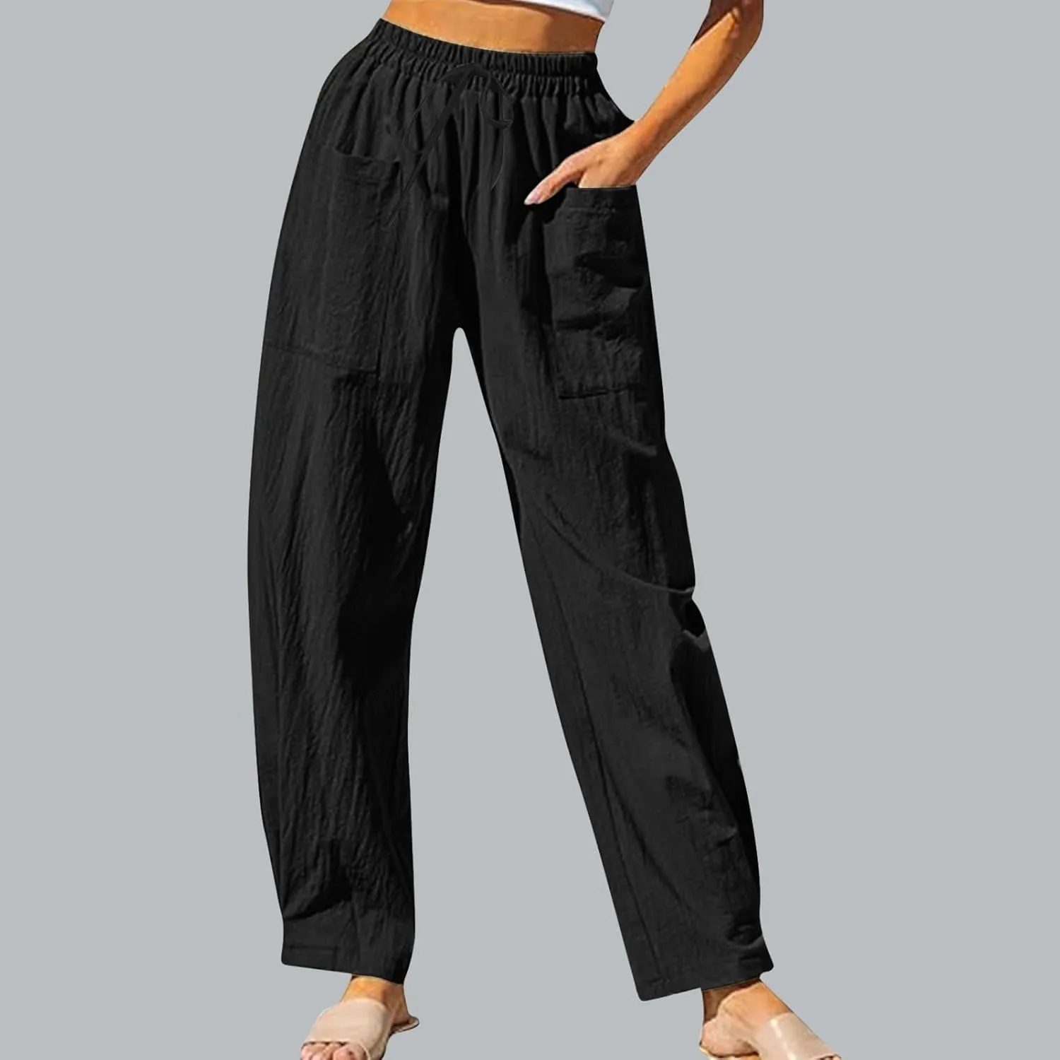 High Waisted Linen Pants Women Straight Leg Summer Beach Trousers with Side Pockets Drawstring Elastic Waist Pant