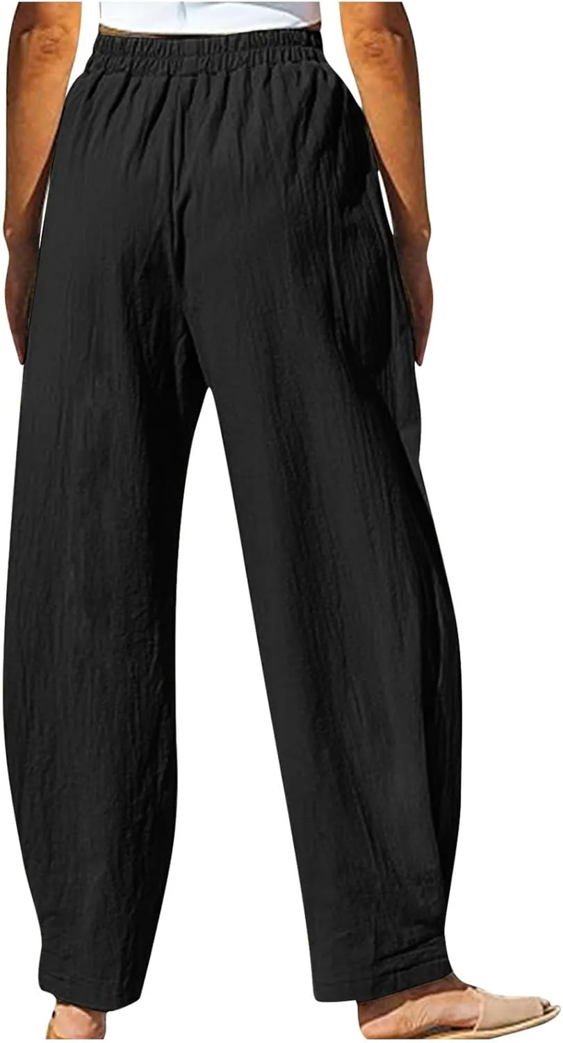 High Waisted Linen Pants Women Straight Leg Summer Beach Trousers with Side Pockets Drawstring Elastic Waist Pant