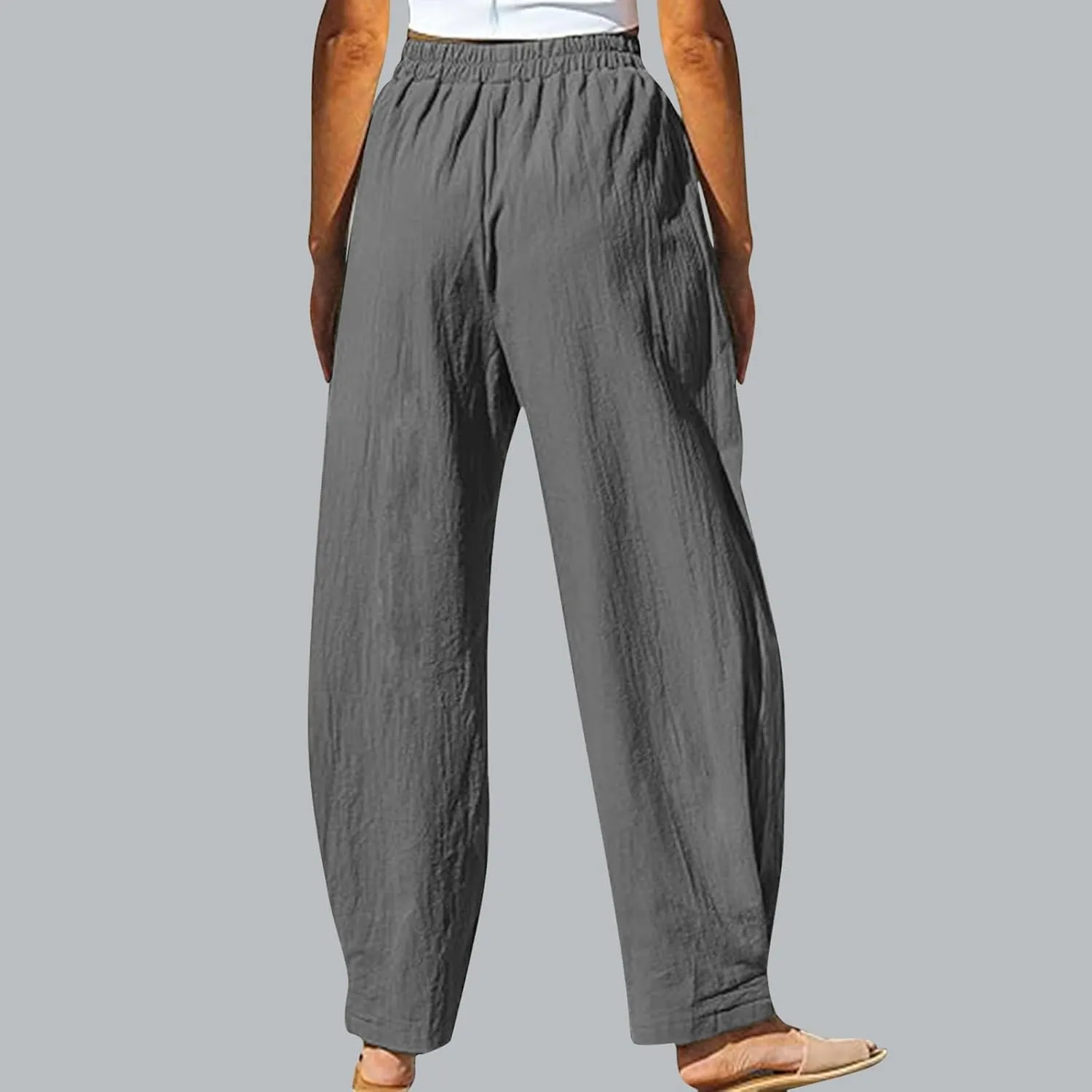 High Waisted Linen Pants Women Straight Leg Summer Beach Trousers with Side Pockets Drawstring Elastic Waist Pant