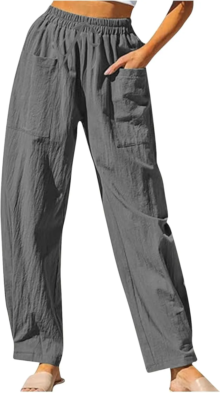 High Waisted Linen Pants Women Straight Leg Summer Beach Trousers with Side Pockets Drawstring Elastic Waist Pant