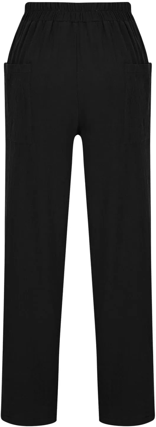 High Waisted Linen Pants Women Straight Leg Summer Beach Trousers with Side Pockets Drawstring Elastic Waist Pant